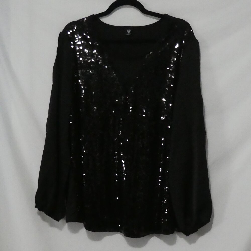 SHEIN Black Sequin V-Neck Long Sleeve Blouse